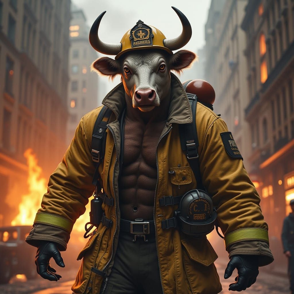 Heroic Hyperreal Anthropomorphic Bull Firefighter in a Blazi...