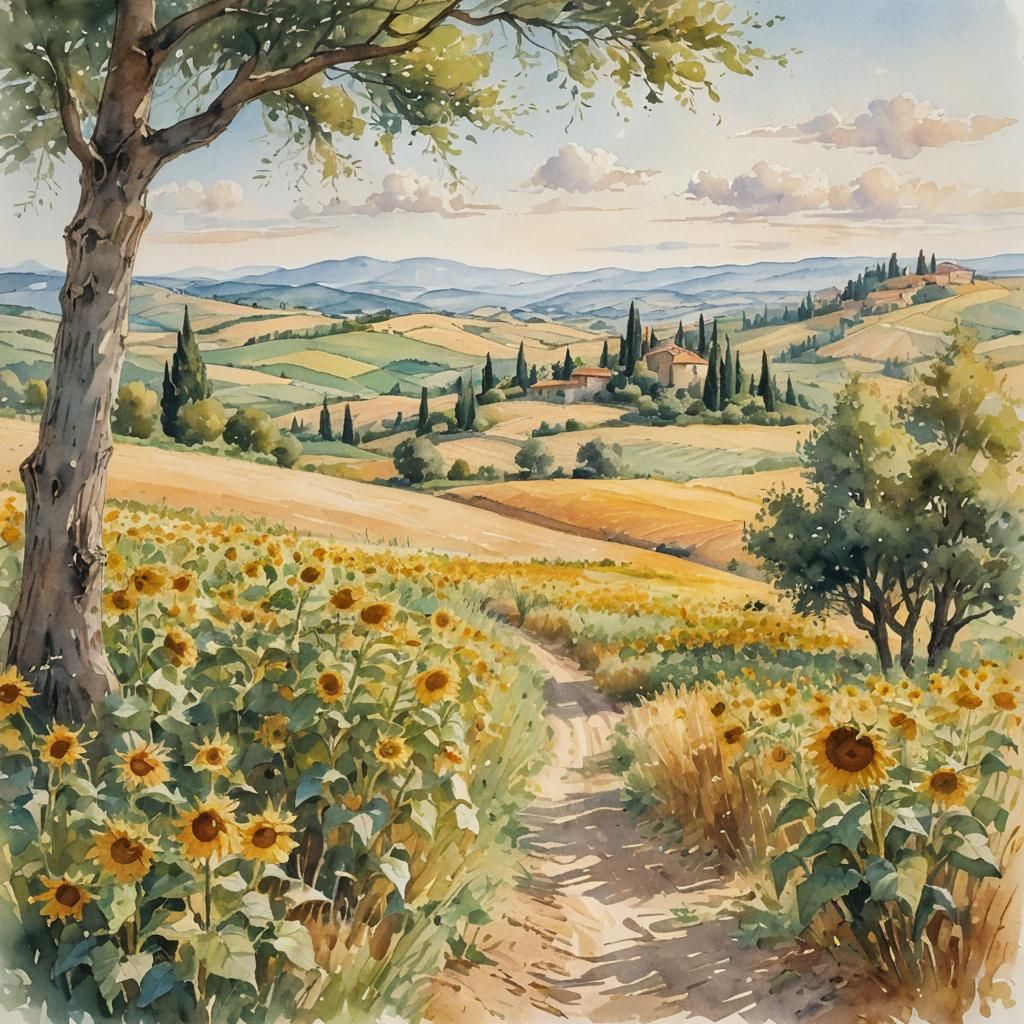 Tuscan Sunflower Field in Watercolor Style