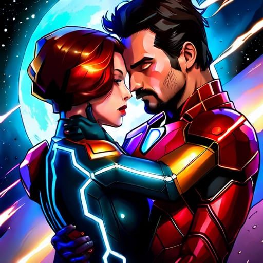 Embrace in Space: Rococo Art Nouveau Digital Painting