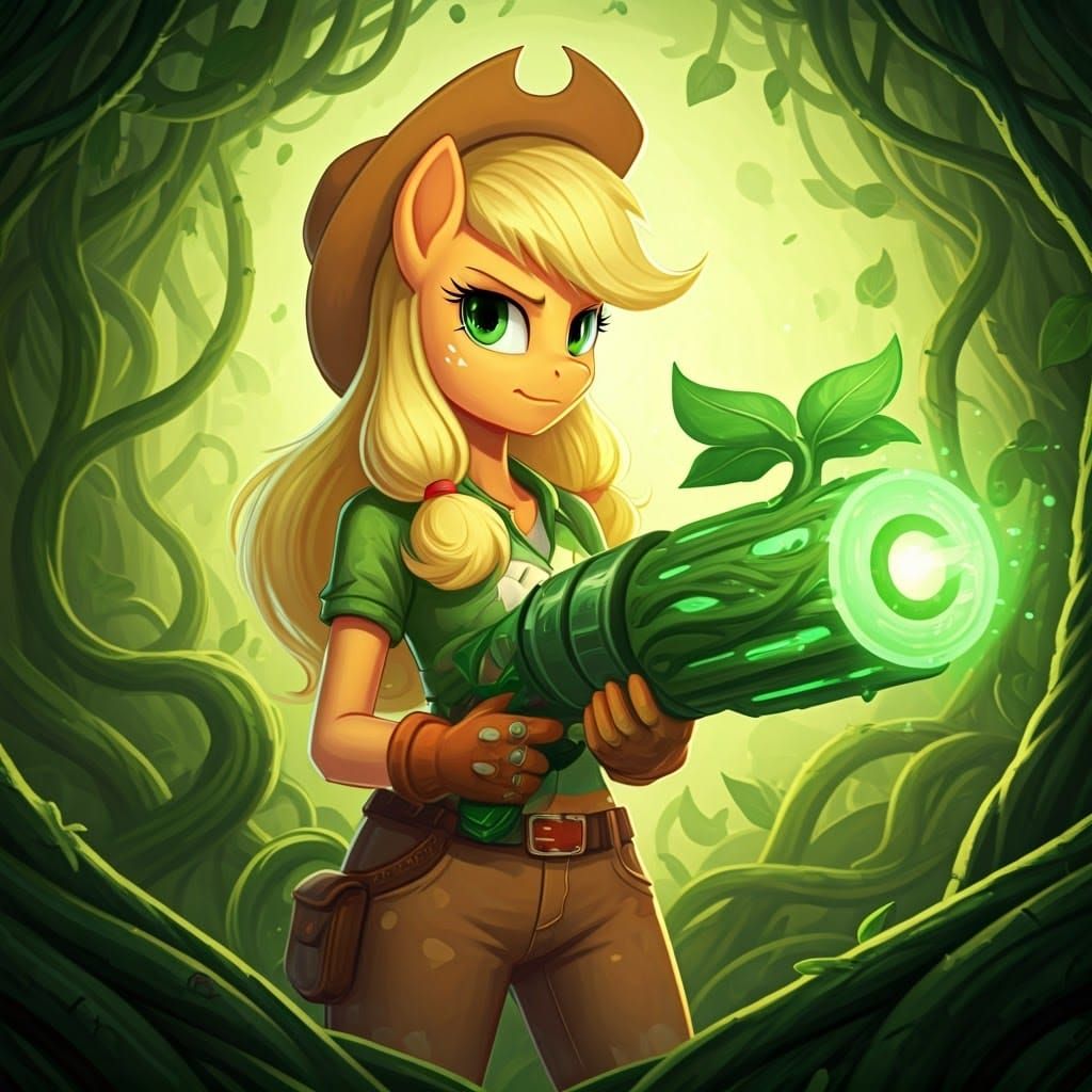 Magical Applejack Wields Vibrant Plant Gun Amidst Enchanted...