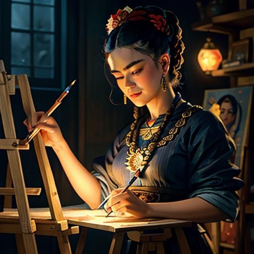 Woman Painting at Easel in Digital Art Style