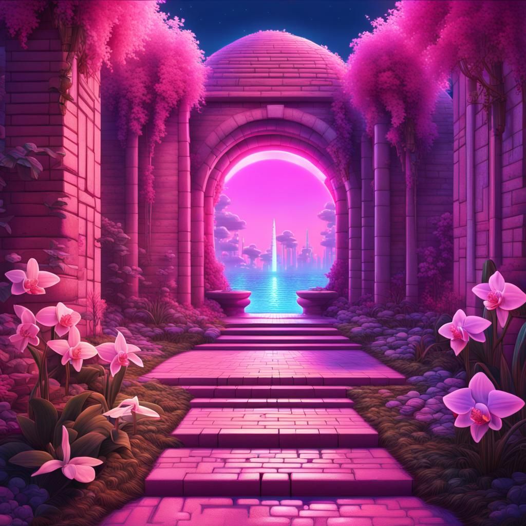 Vaporwave City Entrance with Pink Neon Lights