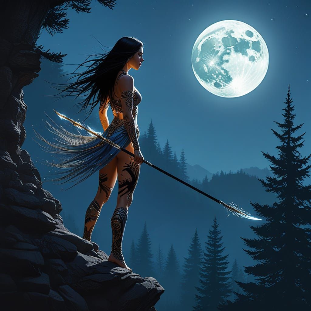 Moonlit huntress stalking her prey from the cliff's edge