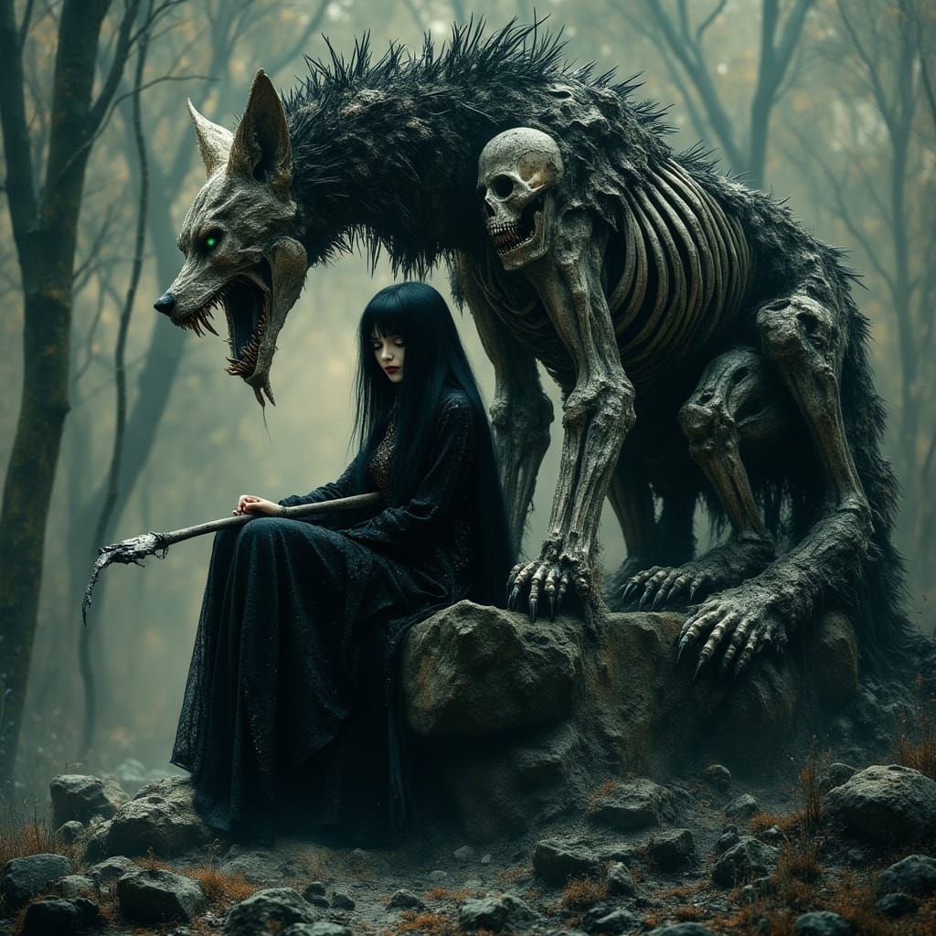 Ethereal Dark Portrait of a Necromancer Woman with a Dire Wo...