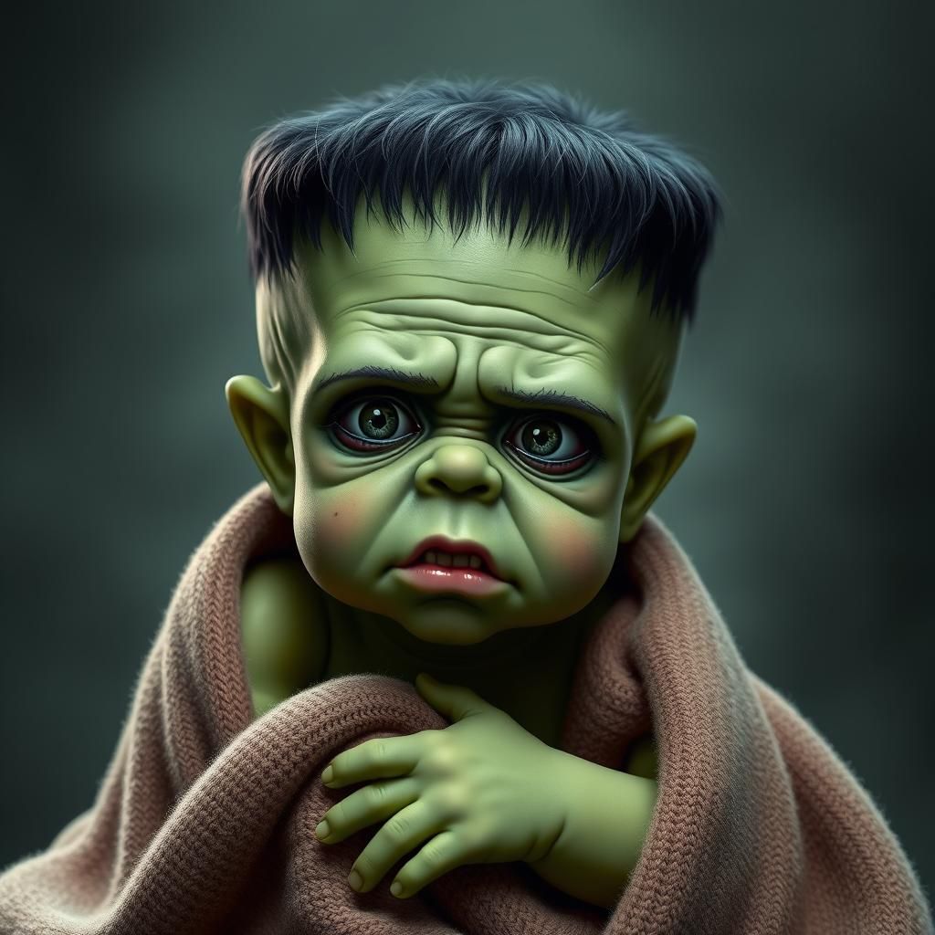 Scared Baby Frankenstein in Photorealistic Horror Style