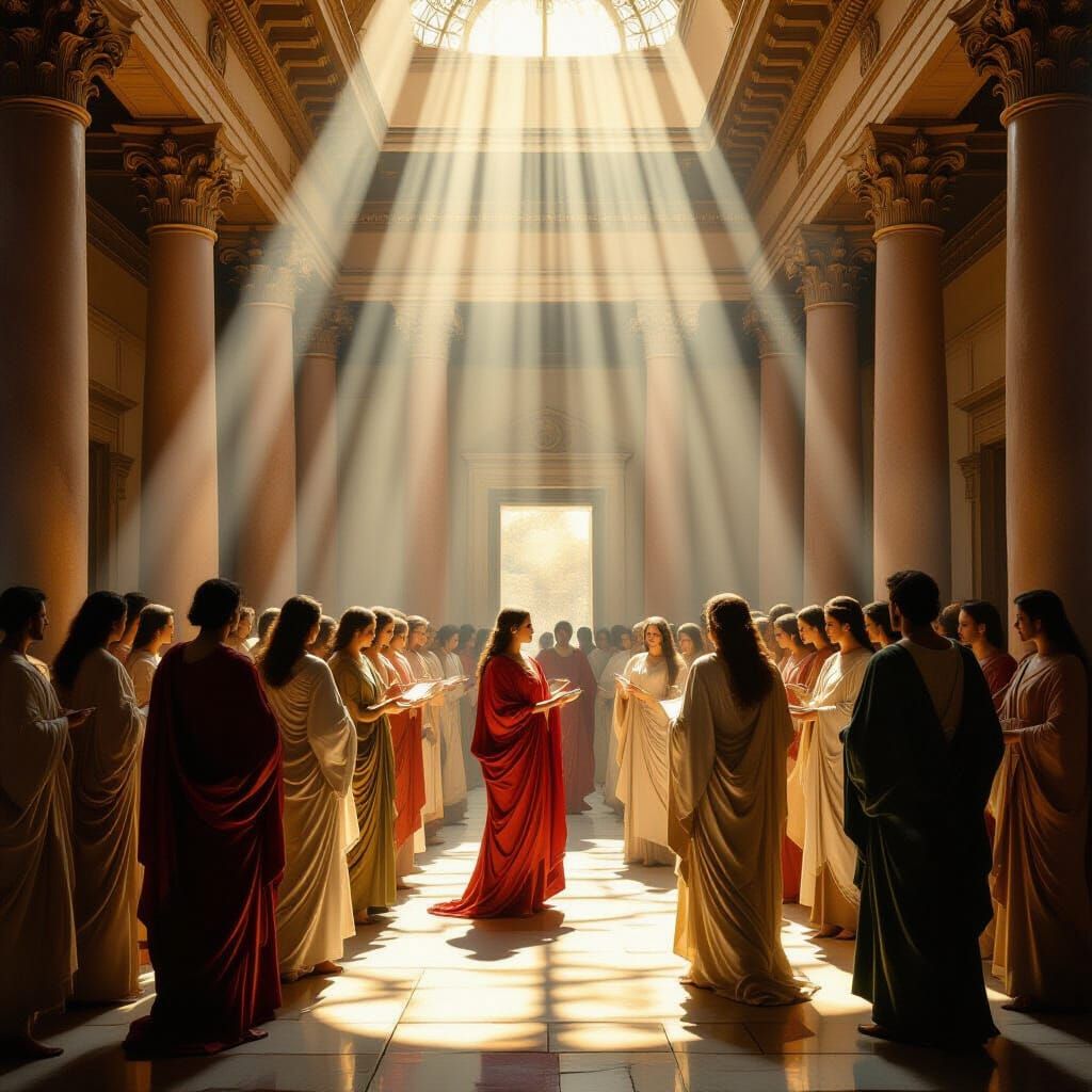 Renaissance Style Temple Gathering in Ethereal Light