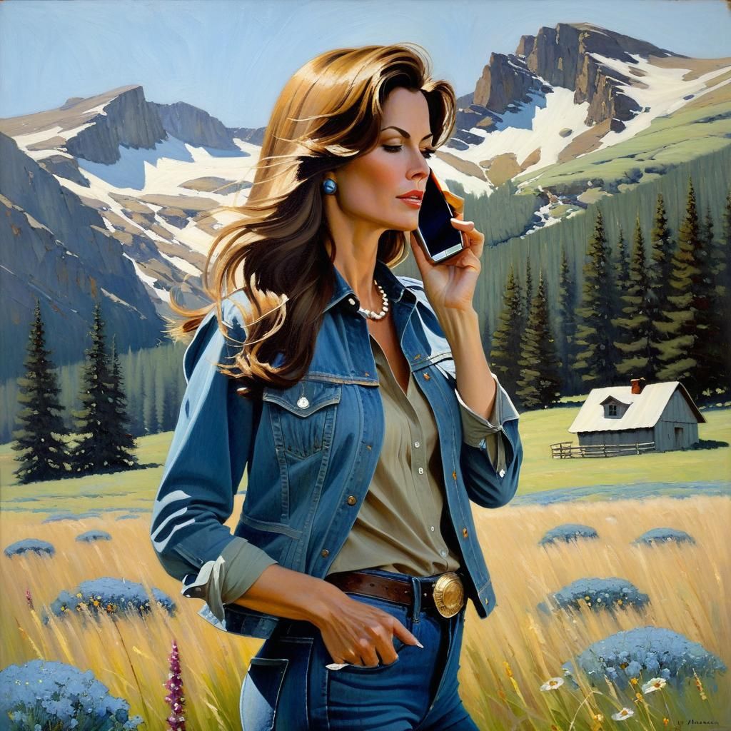 Elegant Woman in Mountain Meadow as Impressionistic Oil