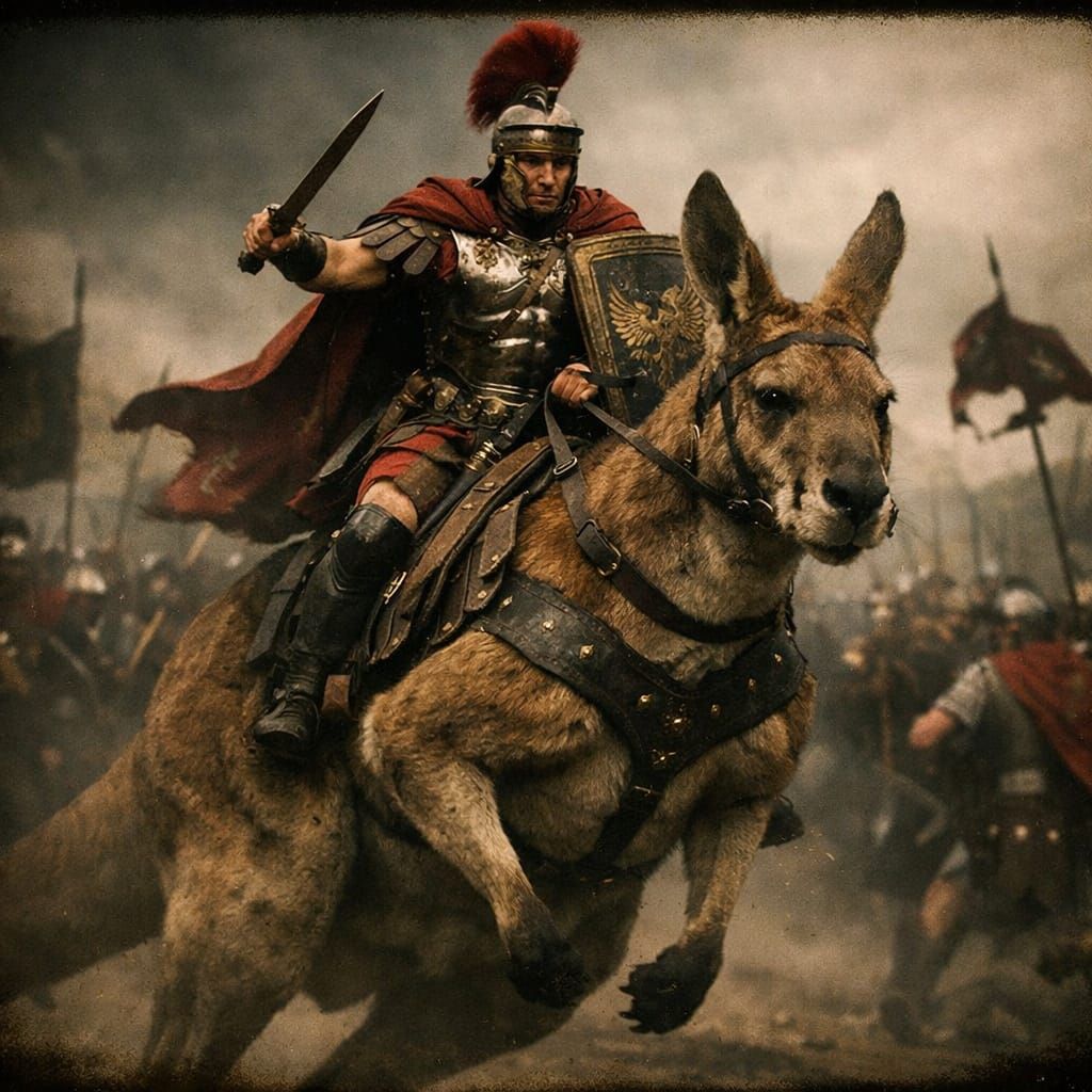 Roman Tribune Rides Giant Kangaroo into Epic Battle