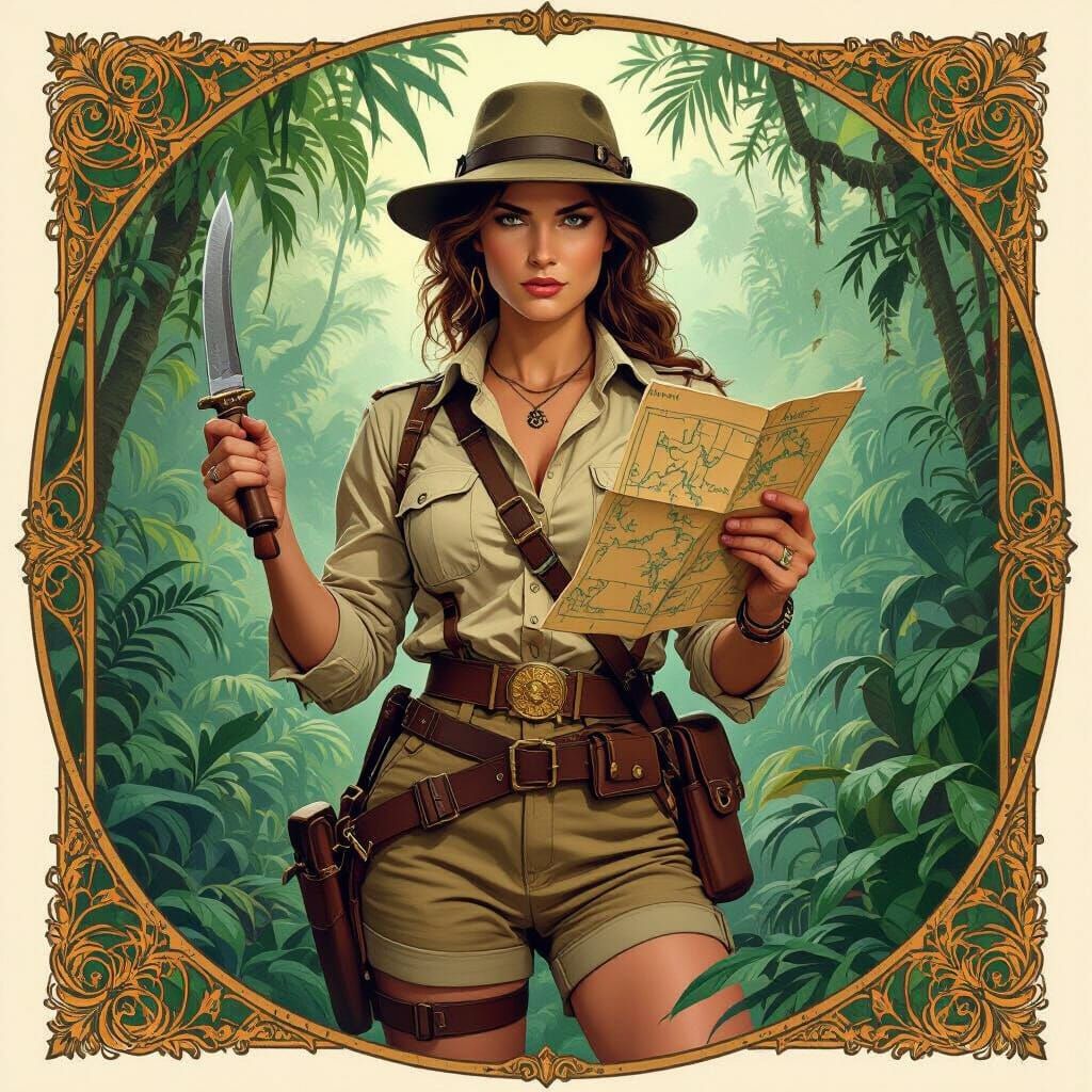 Victorian Explorer Queen in Jungle, Hyperrealistic Style