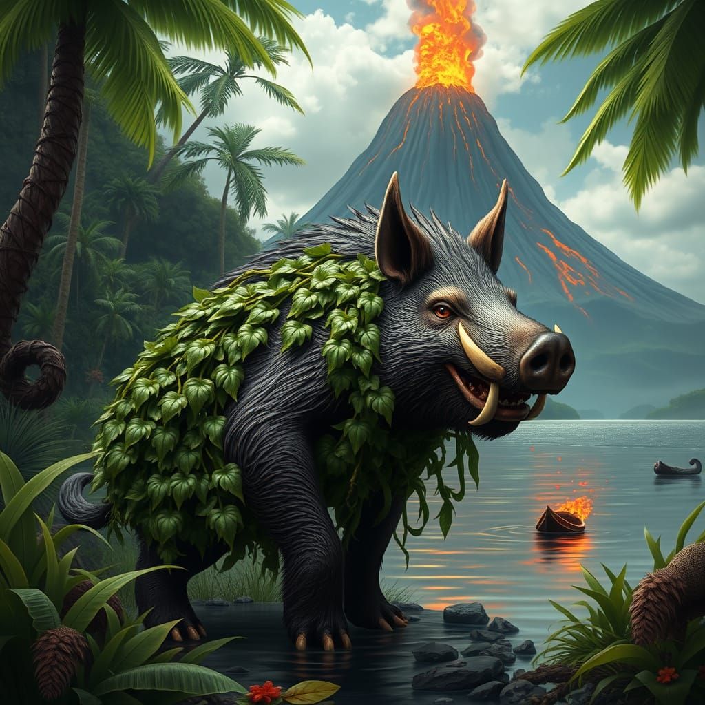 Hawaiian Boar Trickster Kamapua'a in a Fantastical Landscape