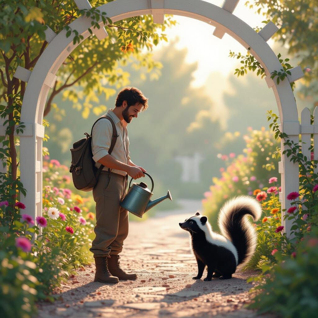 Man and Skunk in a Serene Fantasy Garden