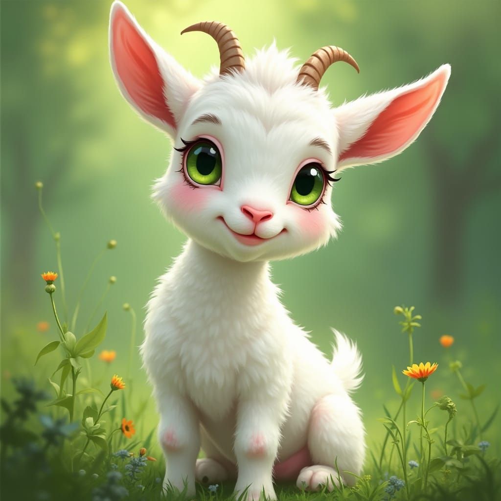 Whimsical White Goat in Verdant Landscape