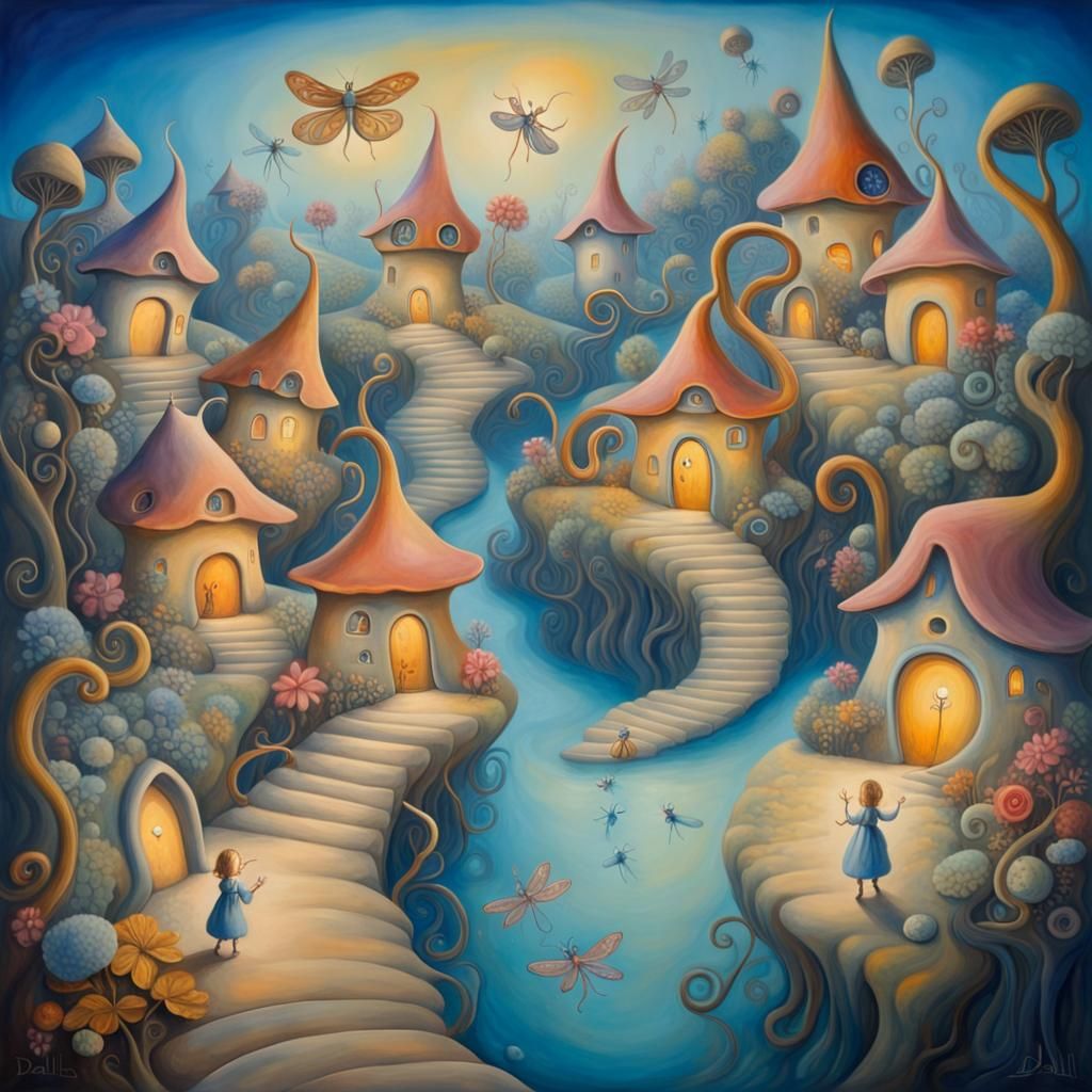Elven Village: A Watercolor Surrealism Dreamscape