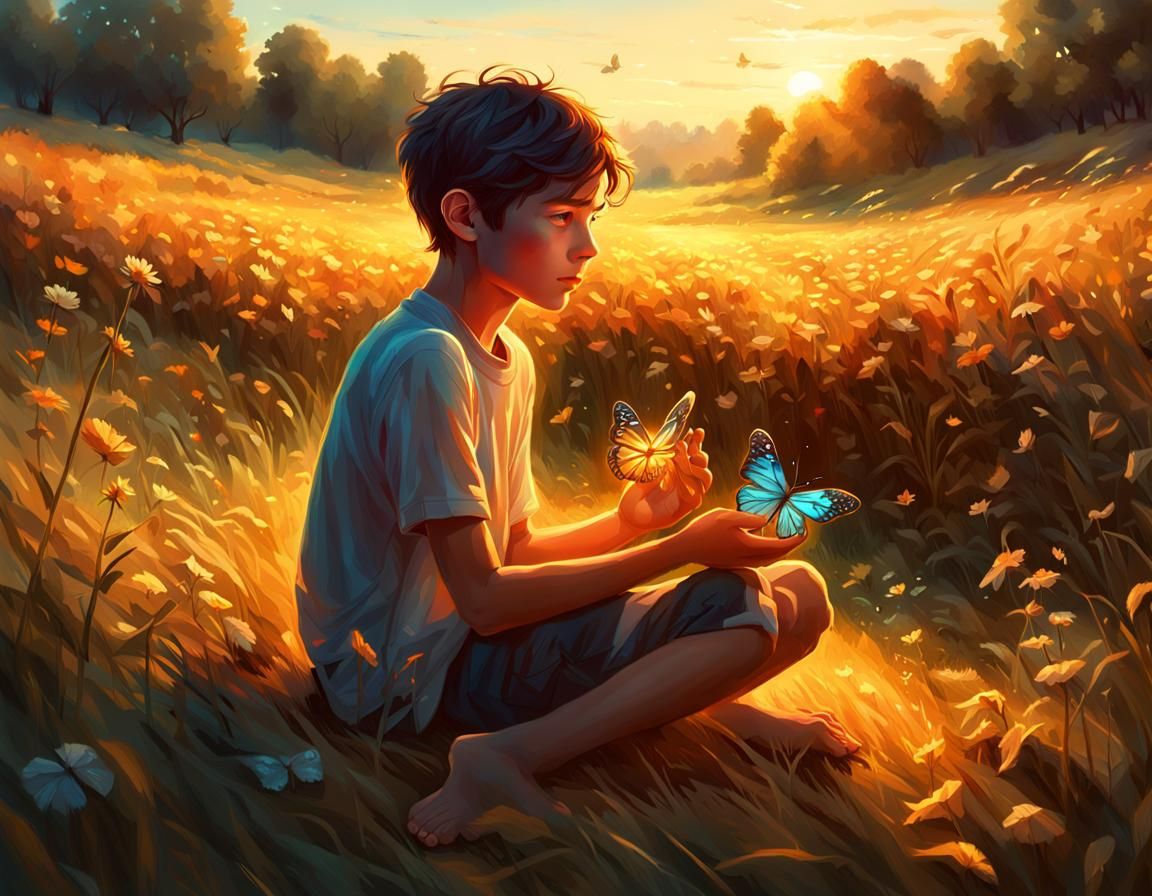 Boy Gazing at a Glowing Butterfly