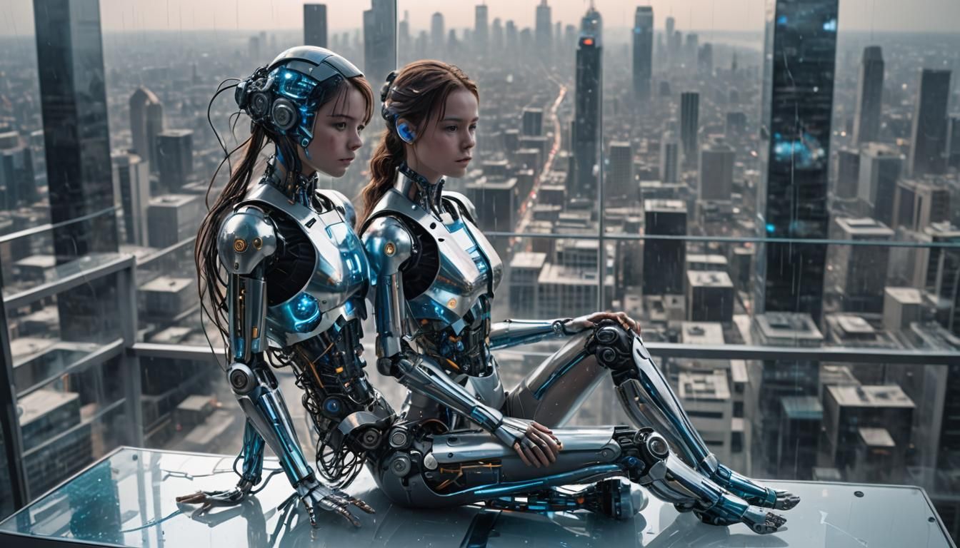 Futuristic Female AI Robot in Dystopian Office