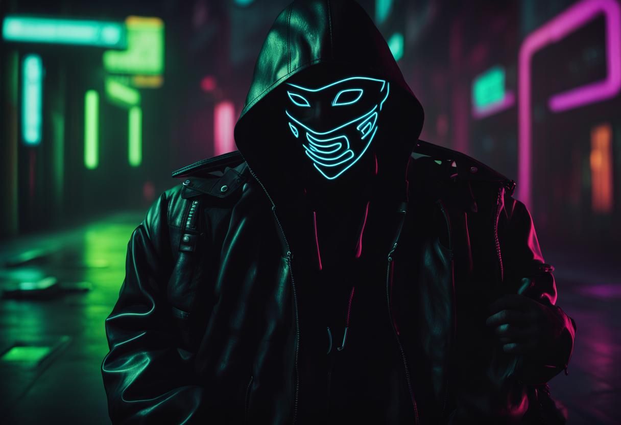 Masked Hacker in Neon Cyberpunk Alley