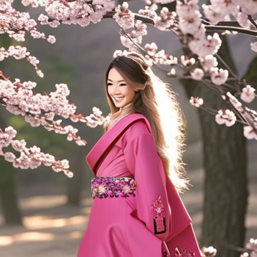 Glamorous Cowgirl in Cherry Blossom Garden