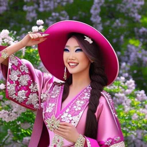 Glamorous Cowgirl in Japanese Cherry Blossom Garden