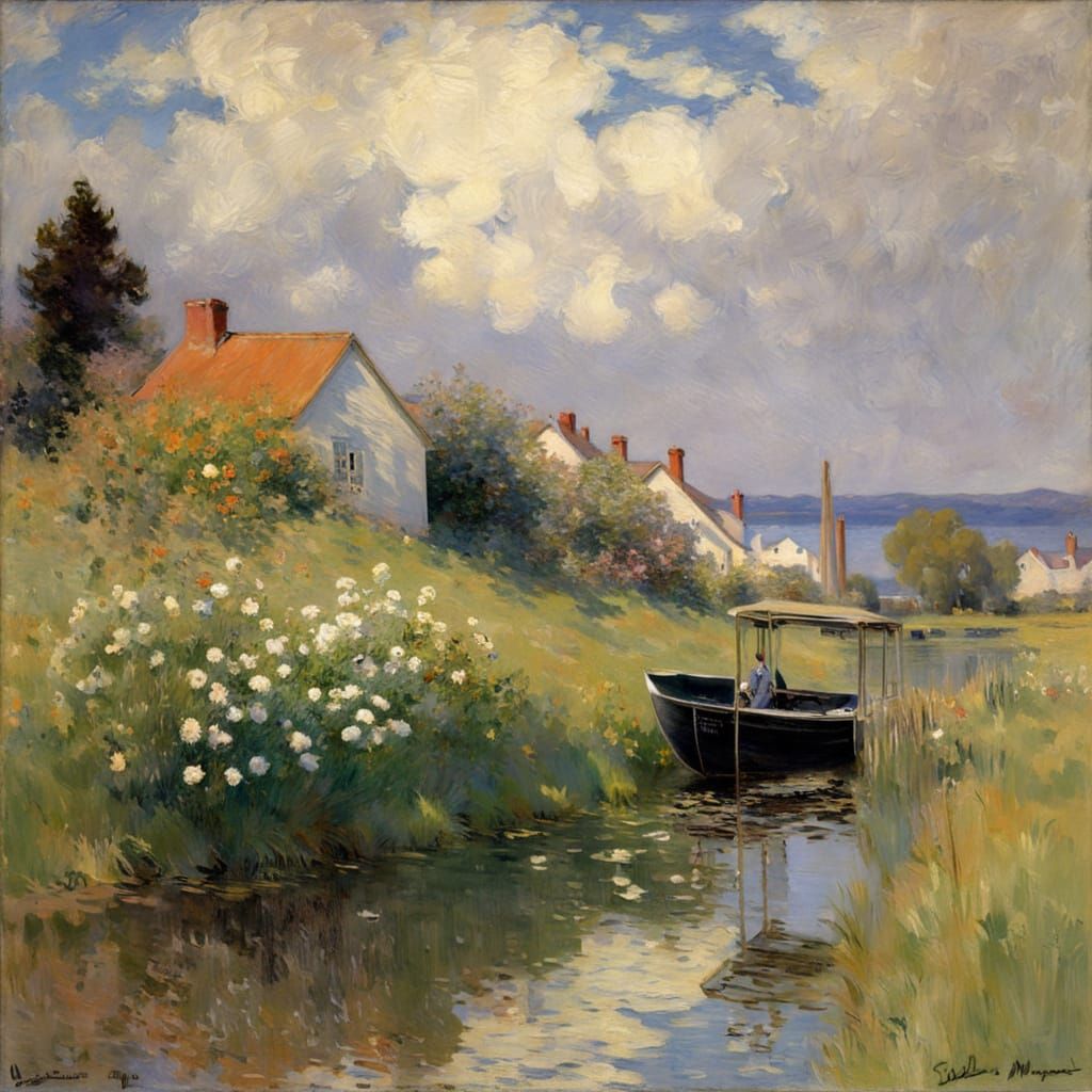 Serene River Landscape Inspired by Impressionist Masters