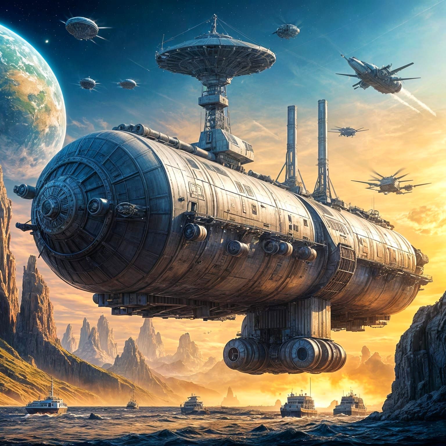 Detailed Cargo Spacecraft Over Alien Planet