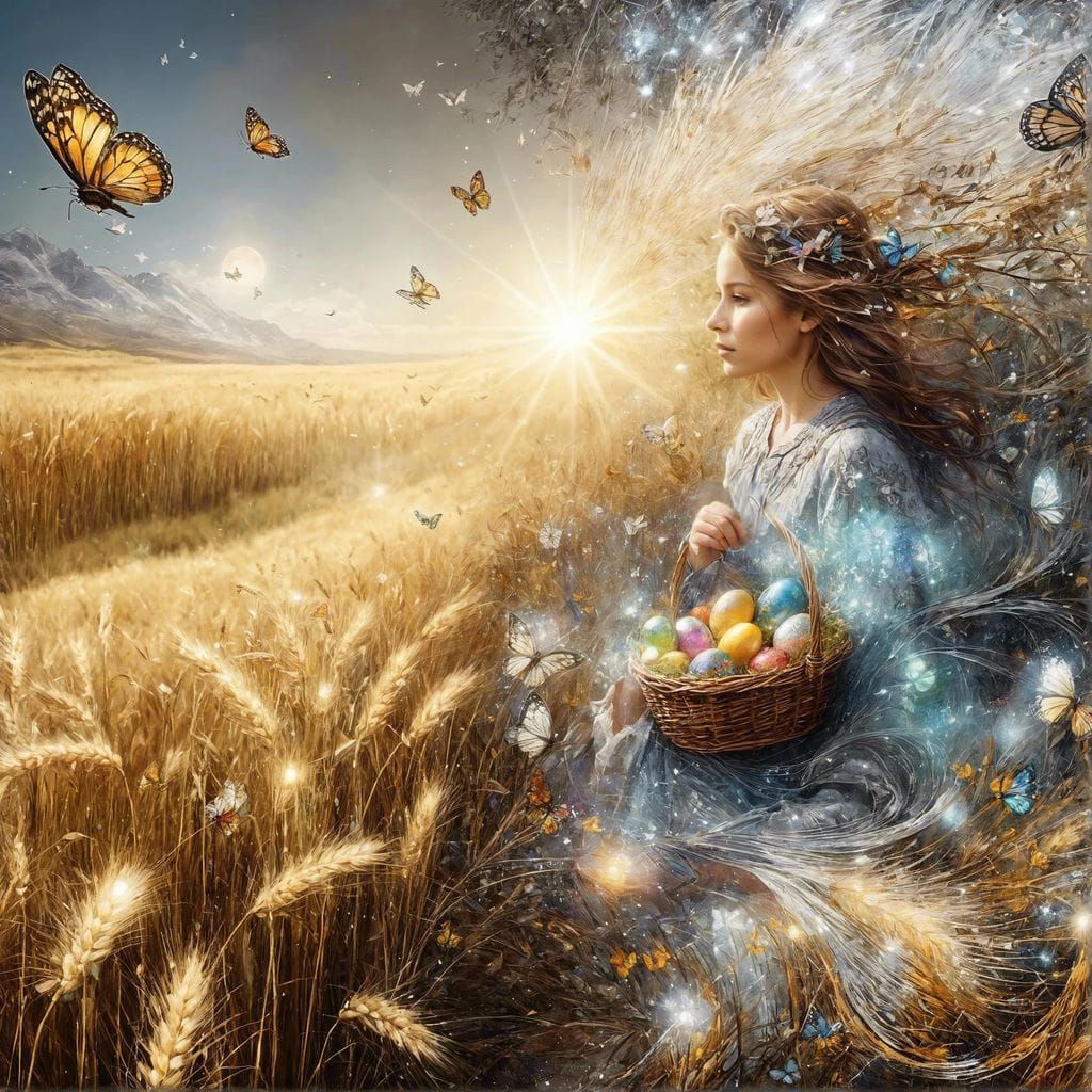 Girl with Easter Basket in Sunlit Meadow