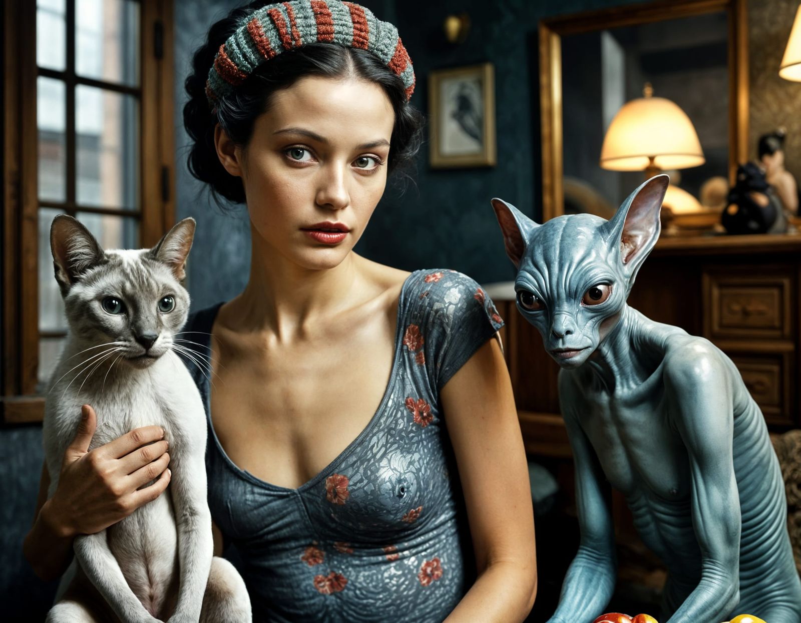 Hyperrealistic Alien Gathering in Elegant City Home