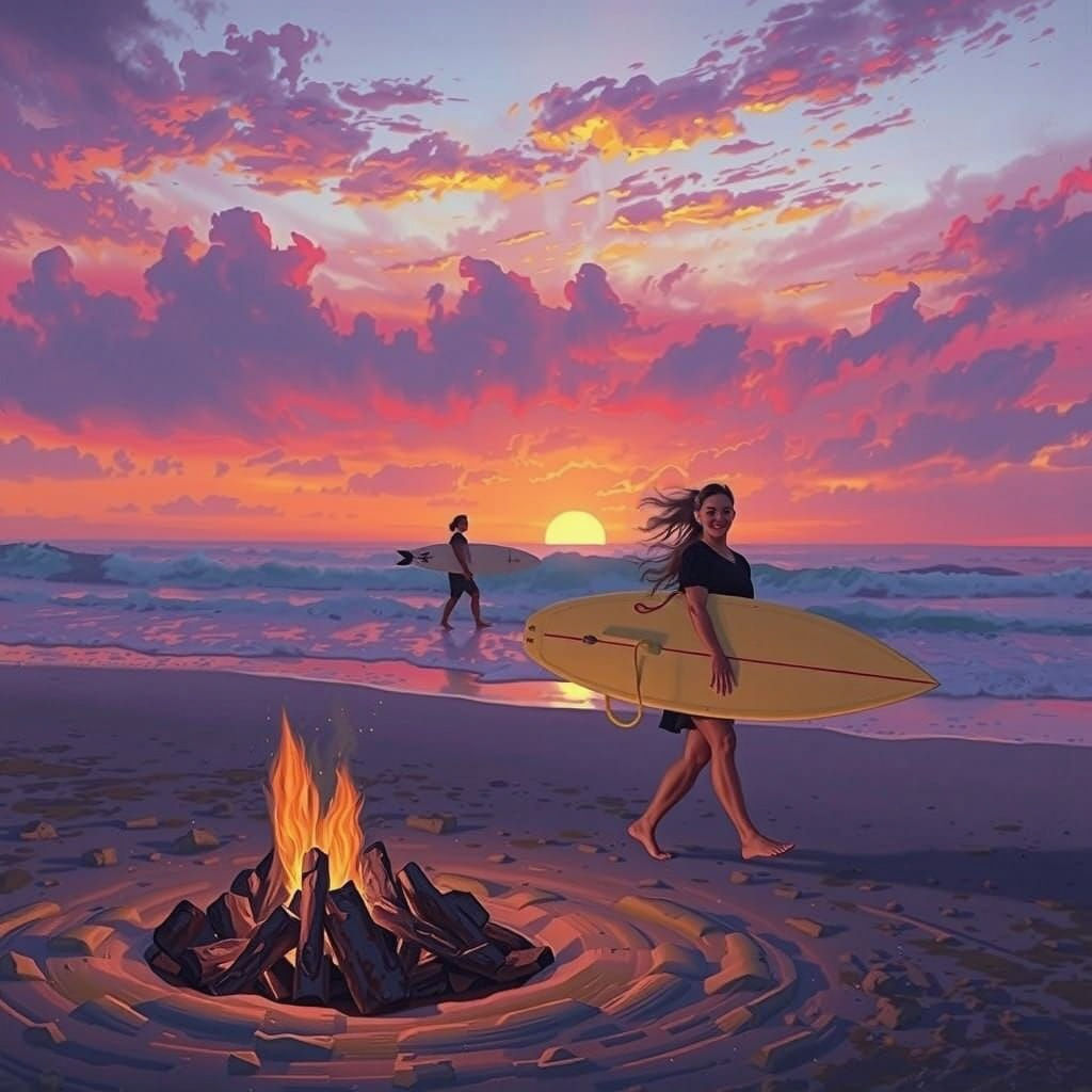 Vibrant Sunset Beach Scene with Surfers and Bonfire