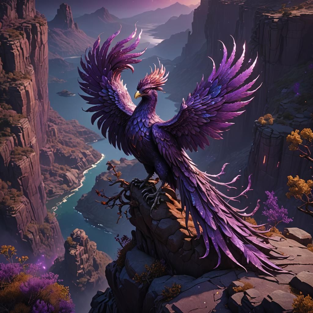 Purple Glitter Phoenix at Night in Detailed Matte Painting