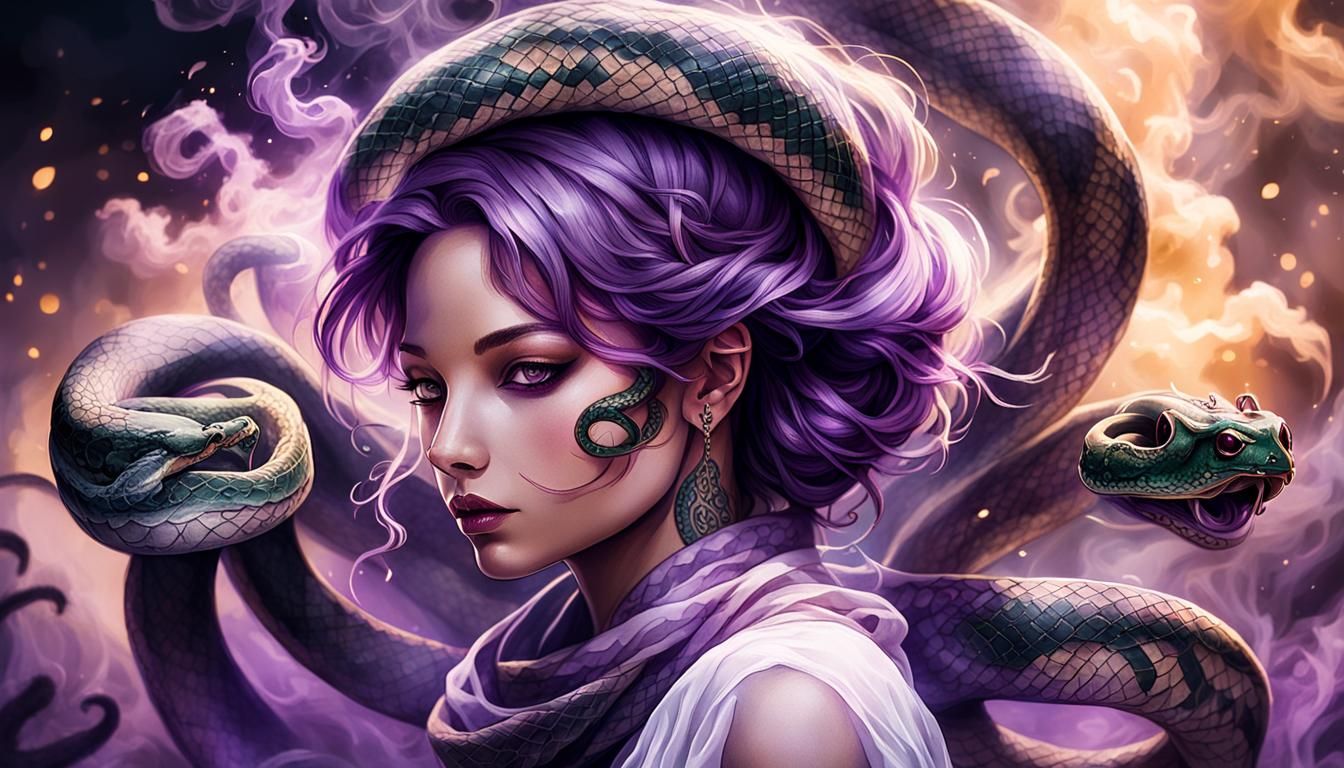 Magical Tattoo Art: Girl with Snake and Smoke