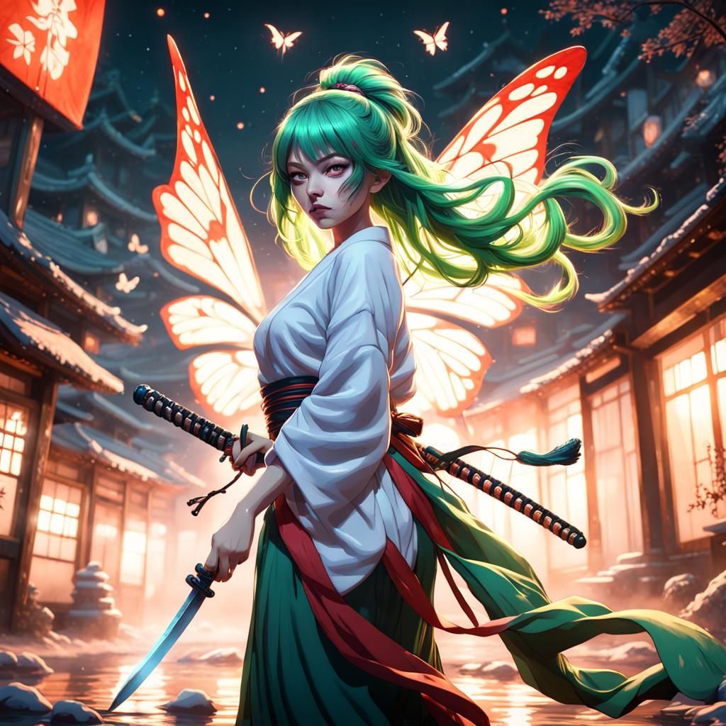 Green-Haired Samurai with Butterfly Swords
