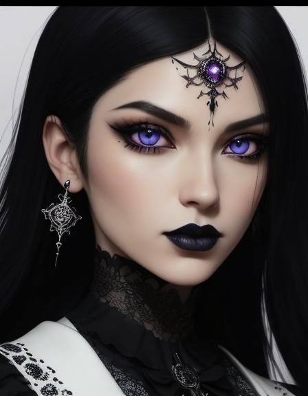 Beautiful gothic young lady with long black hair and purple eyes dark purple eyeshadow with black eyeliner and black lip...