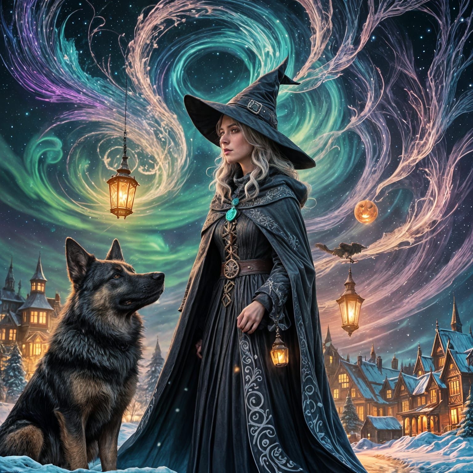 Witch and Dog Enjoying Halloween Under Aurora