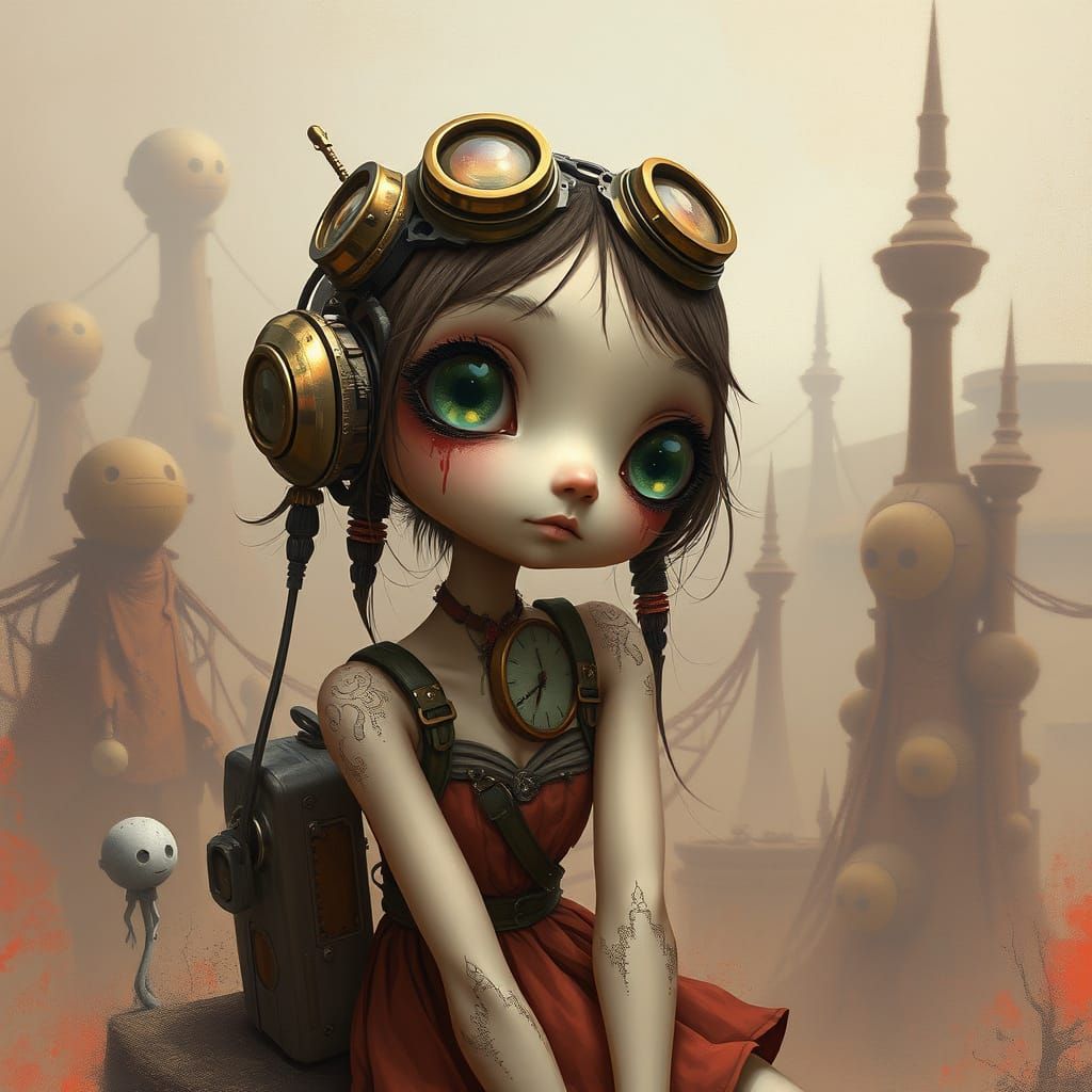 Steampunk Girl in Dreamy Alien Landscape Digital Art