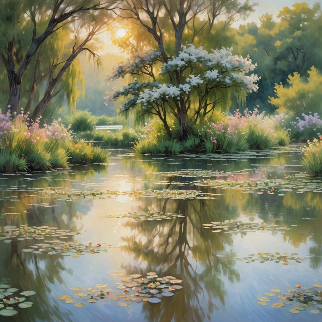 Impressionist Landscape with Water Lilies and Sunshine