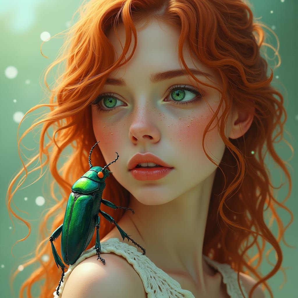Ethereal Portrait of a Freckled Redhead Woman with Emerald E...