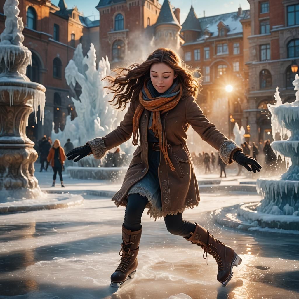 Girl Ice Skating in Frozen Fountain Square