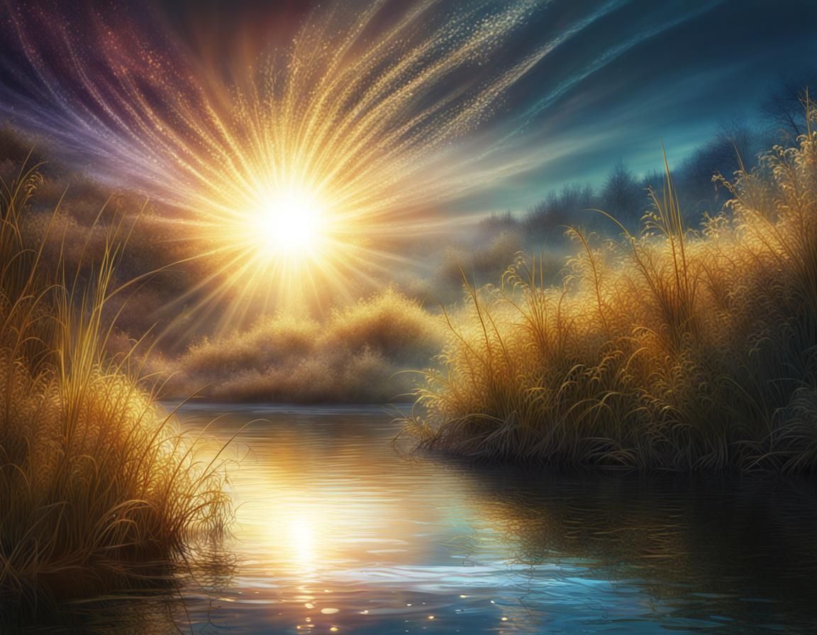 Sparkling River with Jeweled Sun: Fantasy Matte Painting