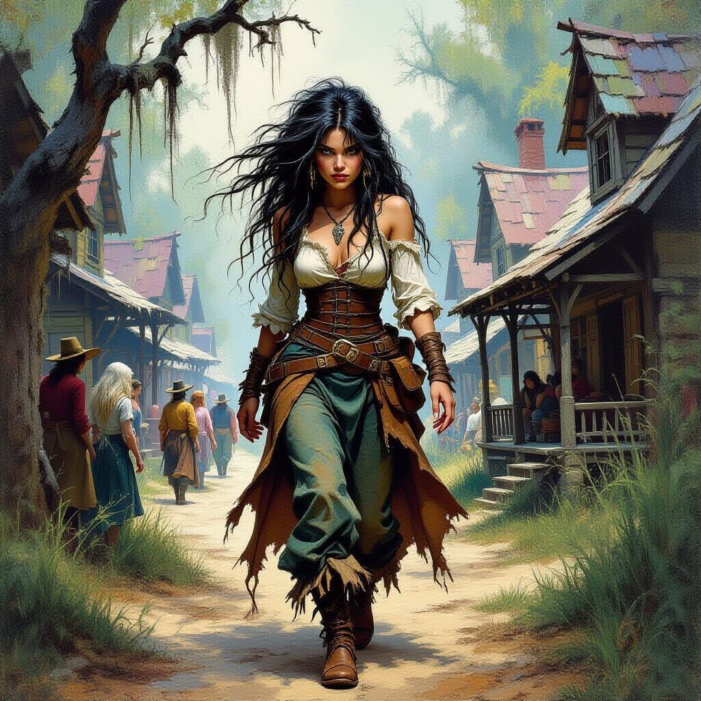 Swamp Witch Enters Town as Detailed Oil Painting