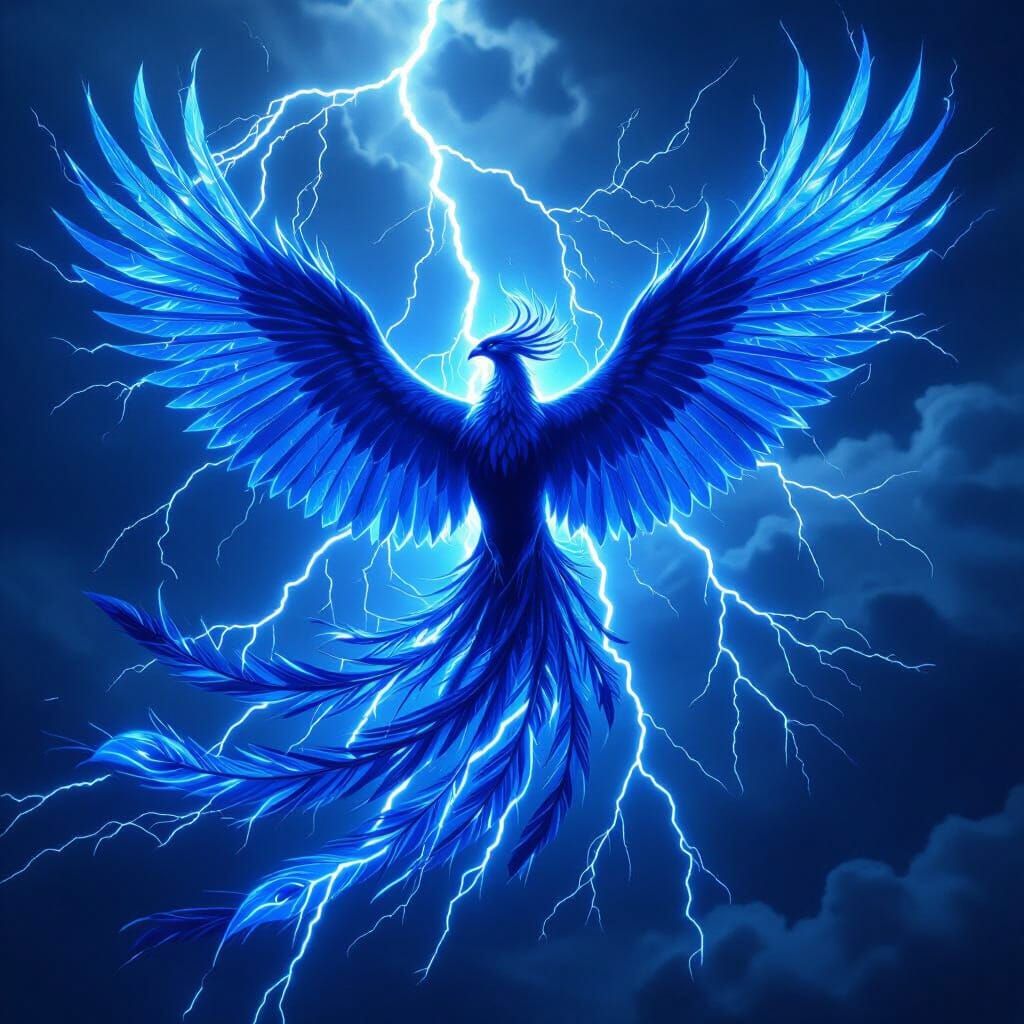 Majestic Blue Phoenix Amidst Lightning Storm