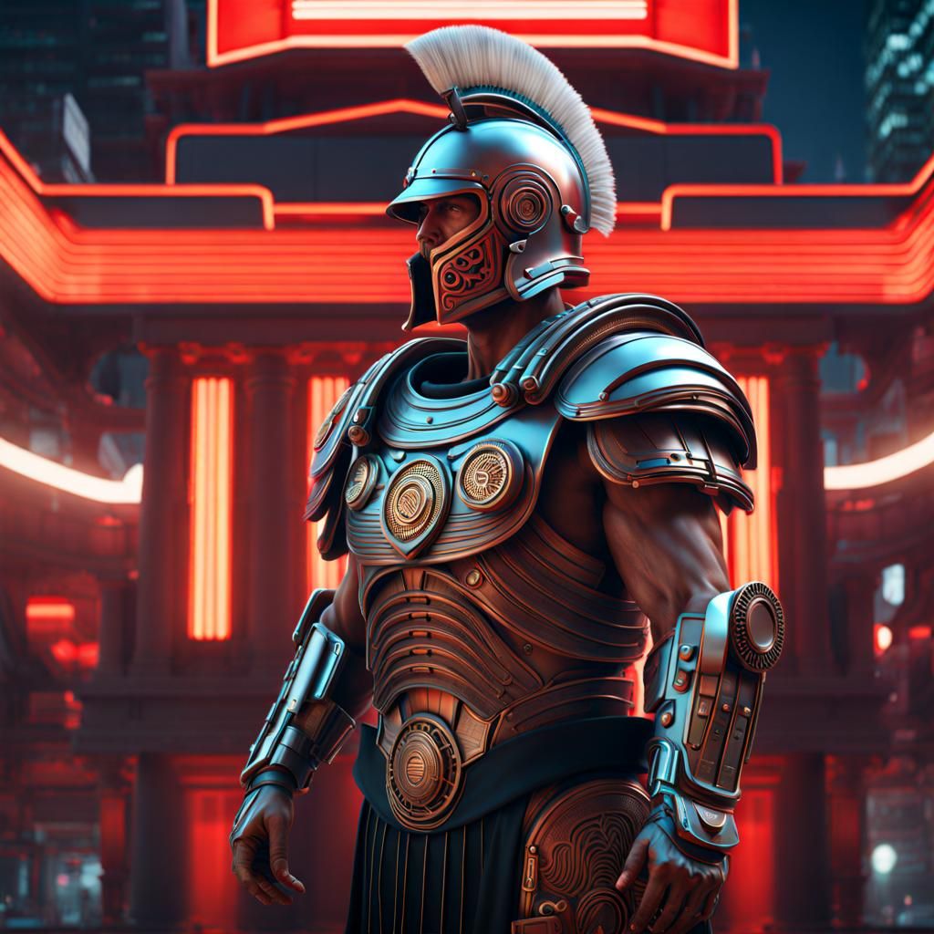 Cyberpunk Roman Centurion in Surreal Scene