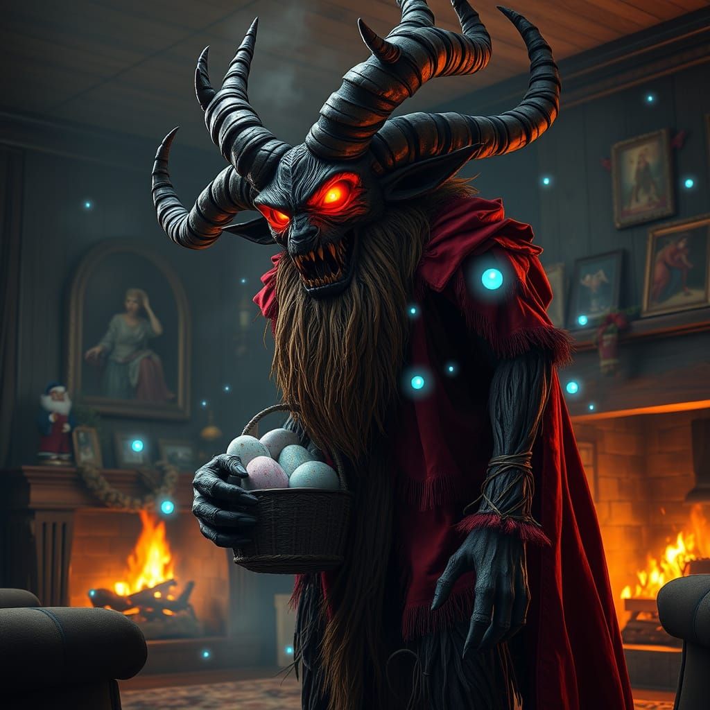 Towering Krampus with Easter Basket in Eerie Style