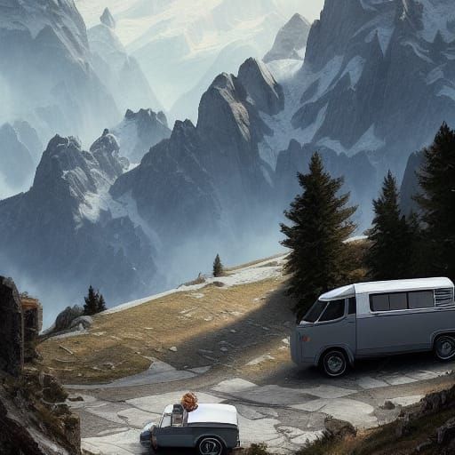 Grey Campervan in Italian Mountains, Digital Art