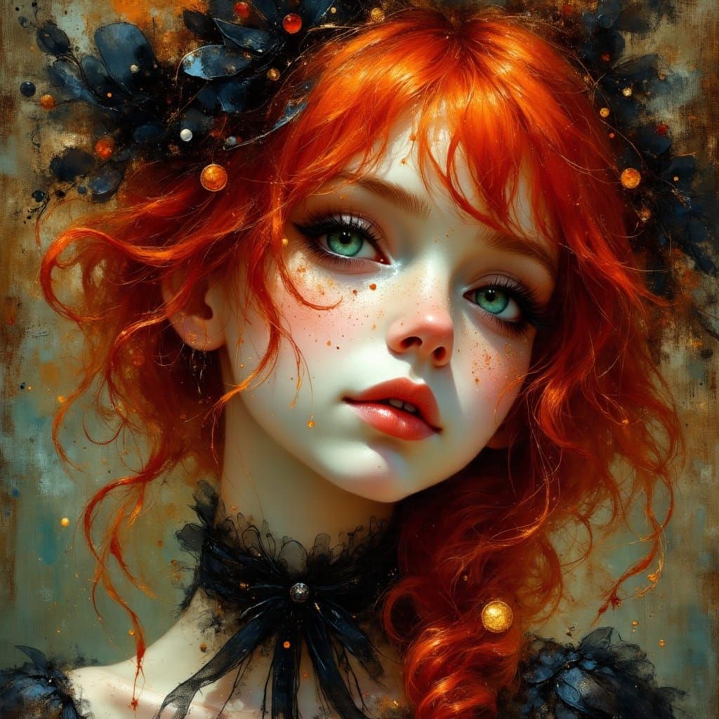 Ethereal Goth Punk Girl with Red Hair and Freckles
