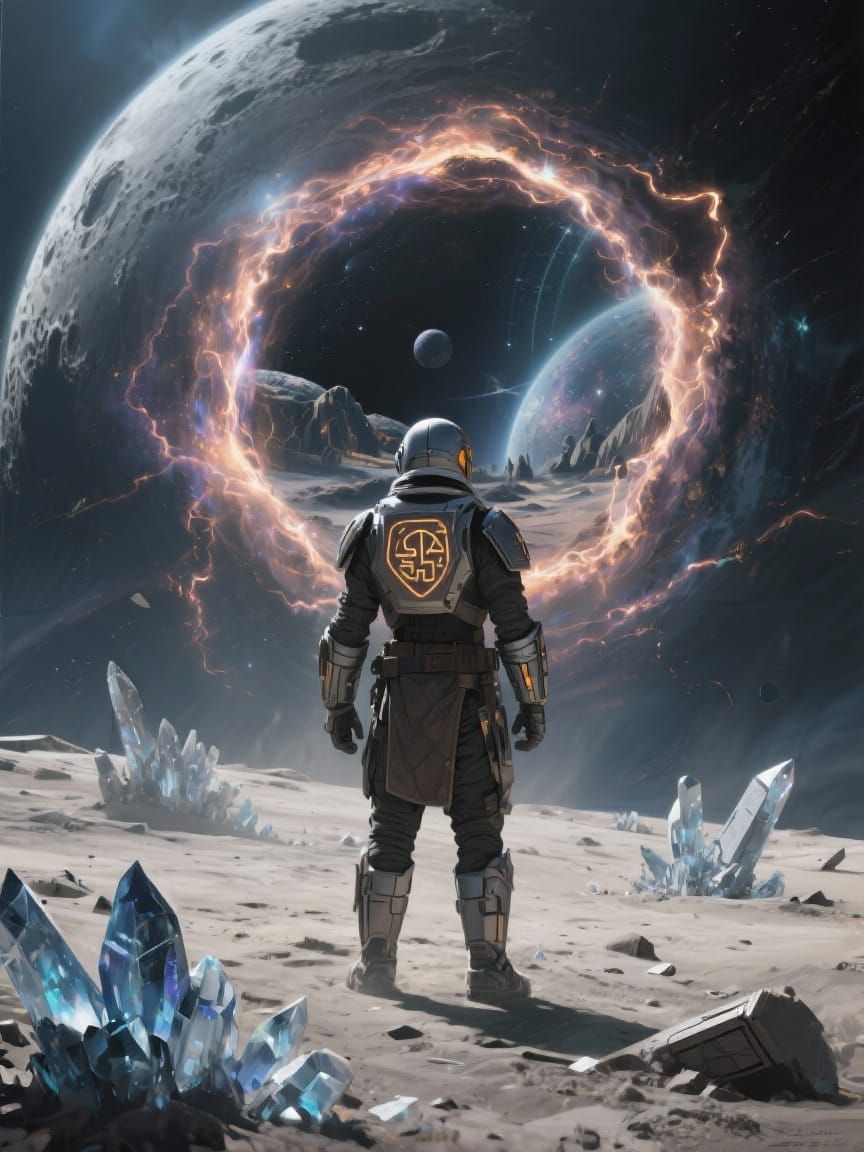 Astronaut and Cosmic Portal on Alien Moon