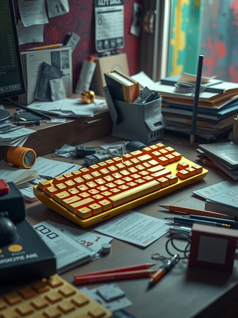 Hyperrealistic Golden Keyboard on Cluttered Desk