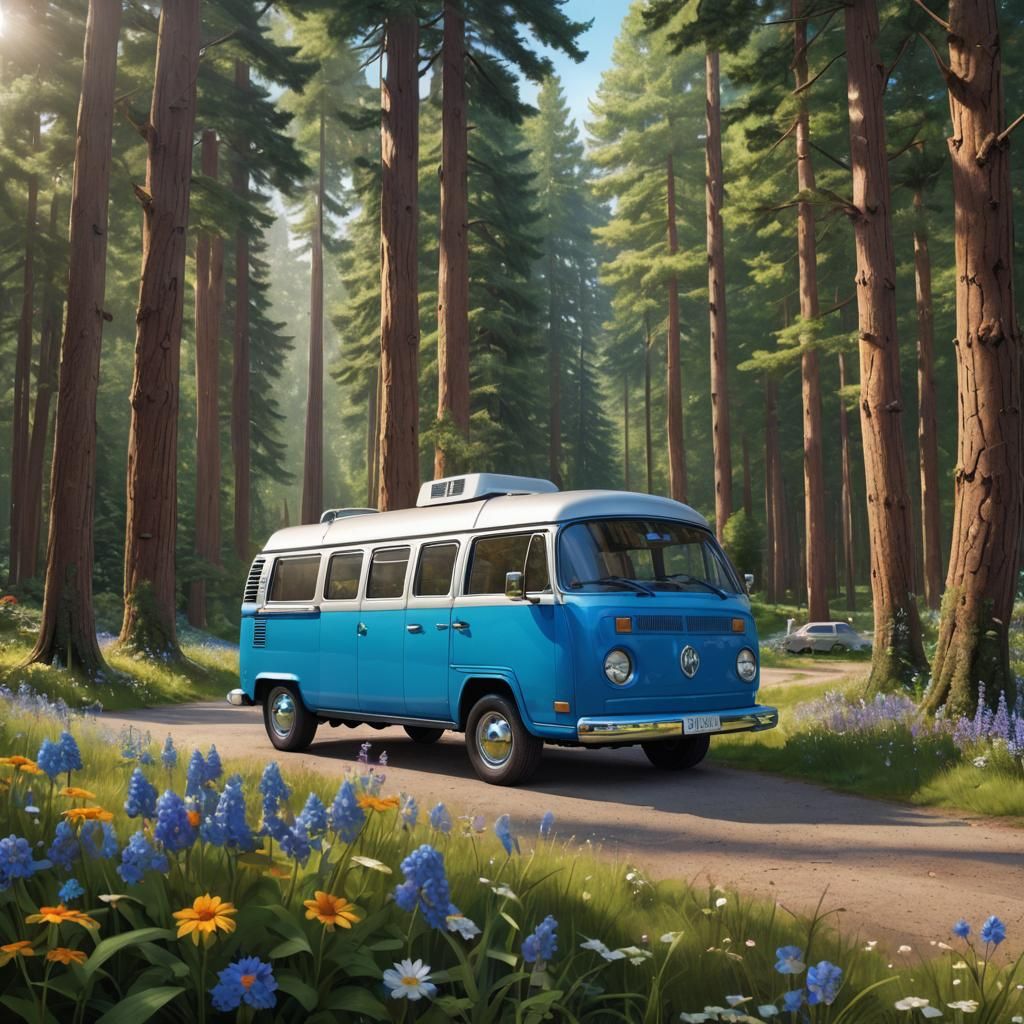 Sleek Campervan at Campsite: Photorealistic Digital Art