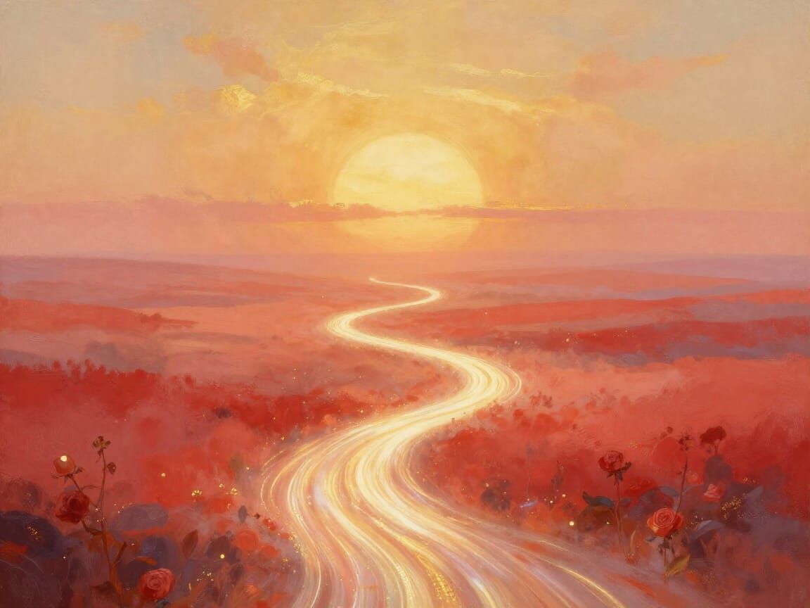 Luminous Paths Converge in Rose-Red Landscape Under Golden S...