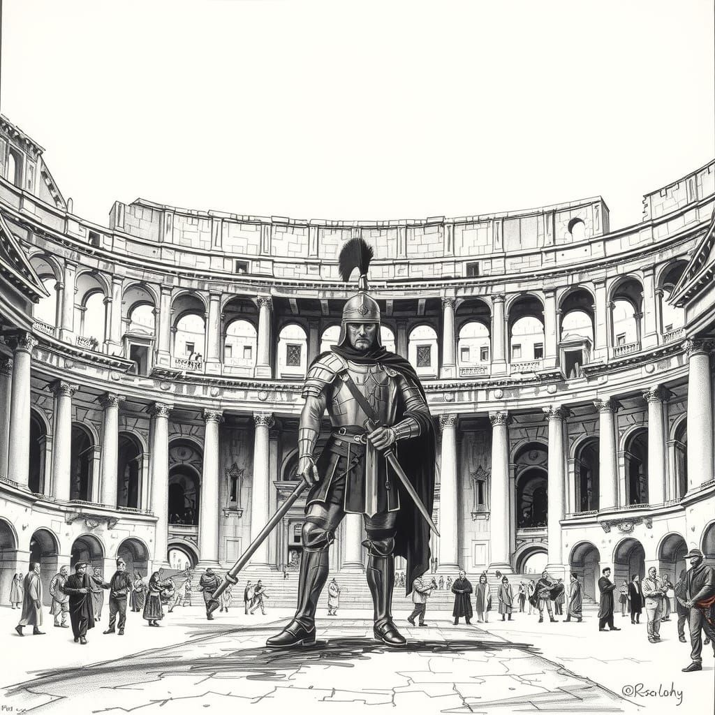 Roman Warrior at Circus Maximus: Charcoal Drawing