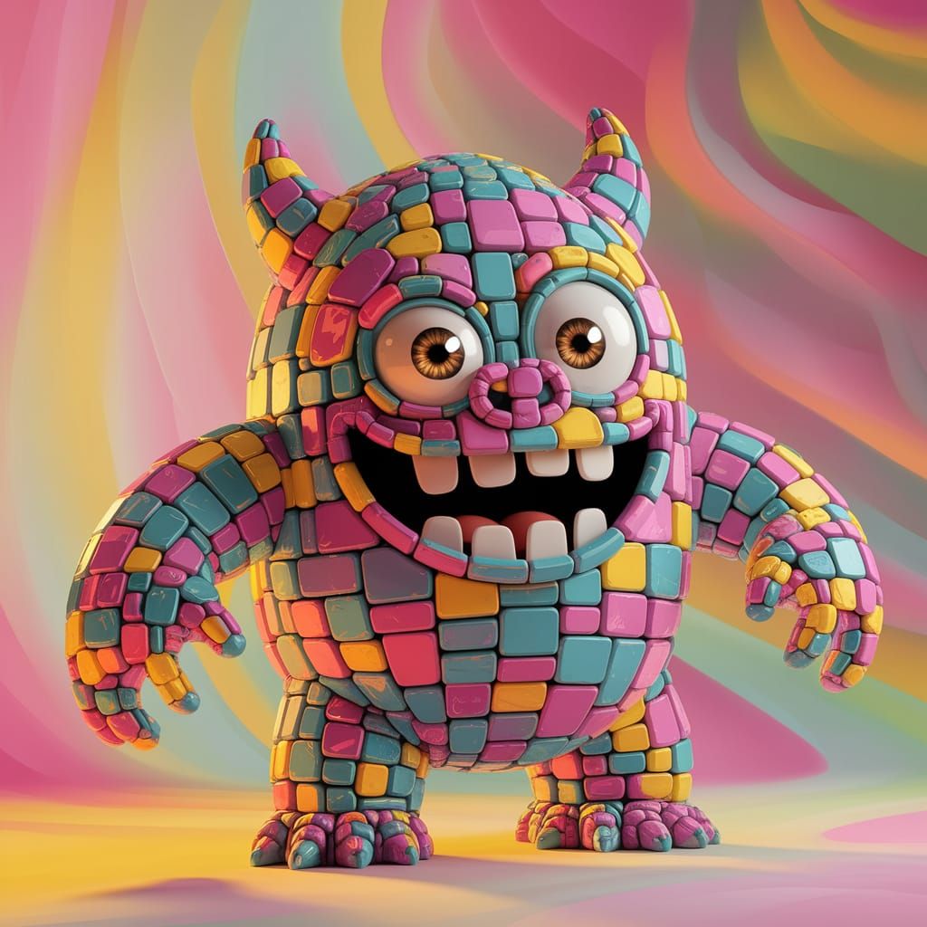Vibrant Cartoon Monster in Mosaic Style