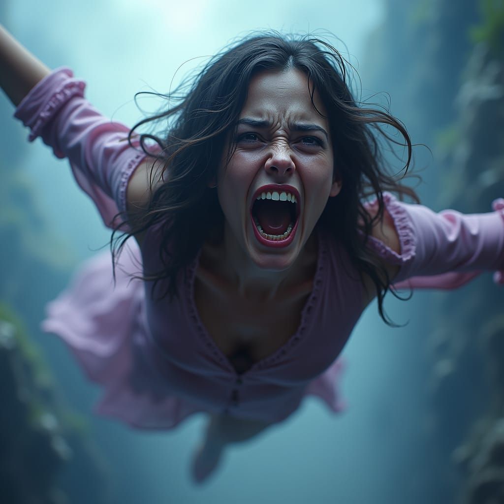 Scared Woman Falling: Hyperrealistic Digital Art